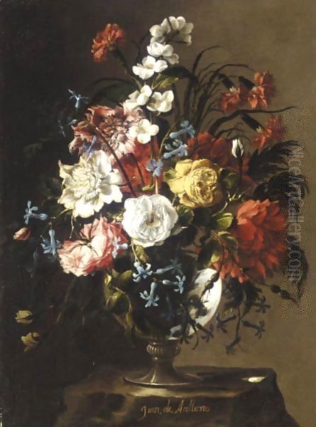 Still Life Of Roses, Carnations, Anemonies, Syringa, Peonies And Hyacinths In A Glass Vase, Upon A Stone Plinth Oil Painting by Juan De Arellano