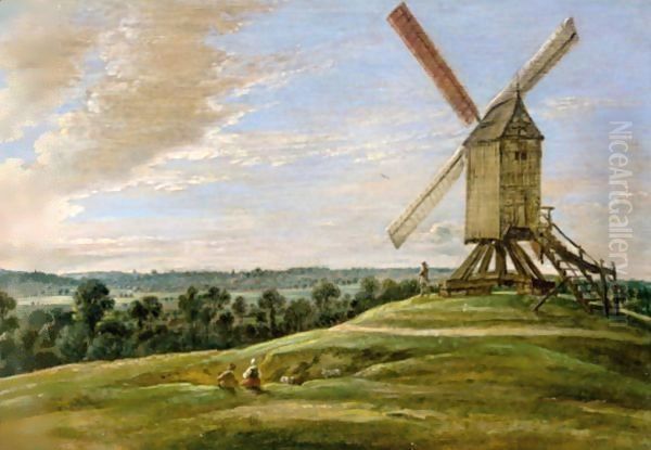 An Extensive Landscape With Shepherds And Their Flocks Beside A Windmill Oil Painting by Lucas Van Uden