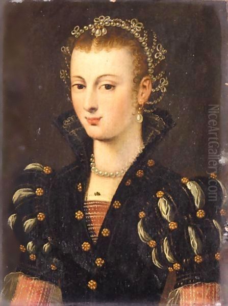 Portrait Of A Noblewoman, Half Length, Wearing A Black Dress And An Elaborate Headress, Said To Be Elisabeth De Valois (1545-1568) Oil Painting by Francois Clouet