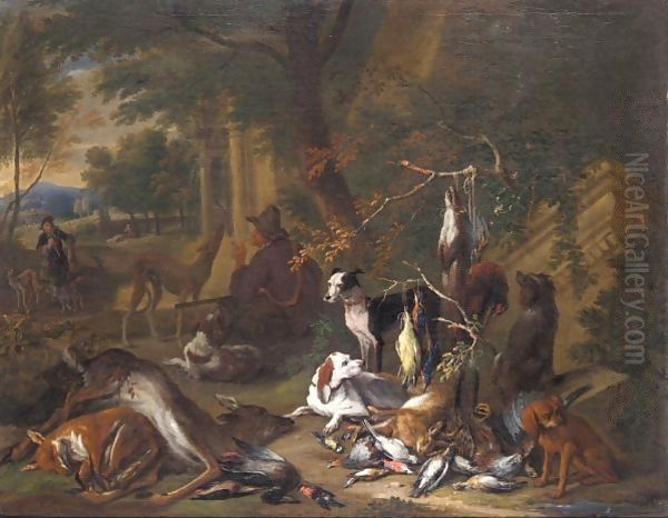 Still Life Of Game With A Huntsman Smoking A Pipe Together With His Hounds In A Landscape Oil Painting by Adriaen de Gryef