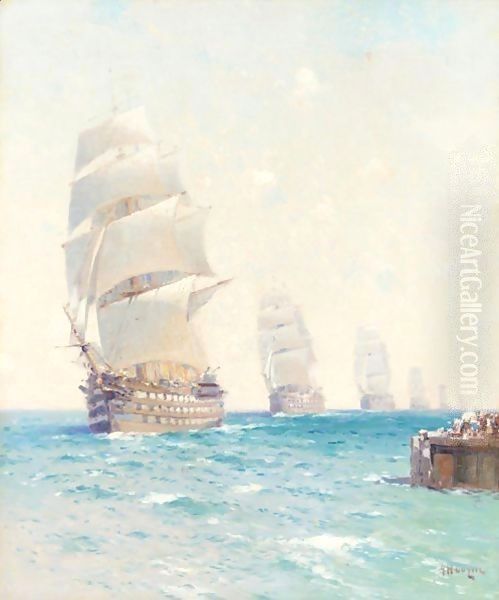 Tall Ships On The Ocean Oil Painting by Aleksei Vasilievich Hanzen