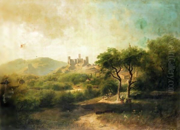 Landscape With A Castle In The Distance Oil Painting by August Schaeffer von Wienwald