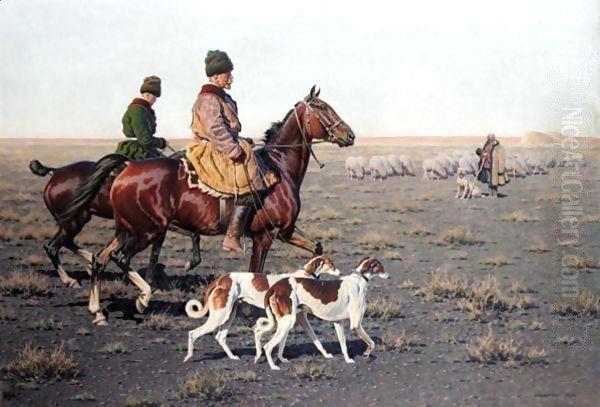 Hunters And A Shepherd On The Tundra Oil Painting by Hugo Ungewitter