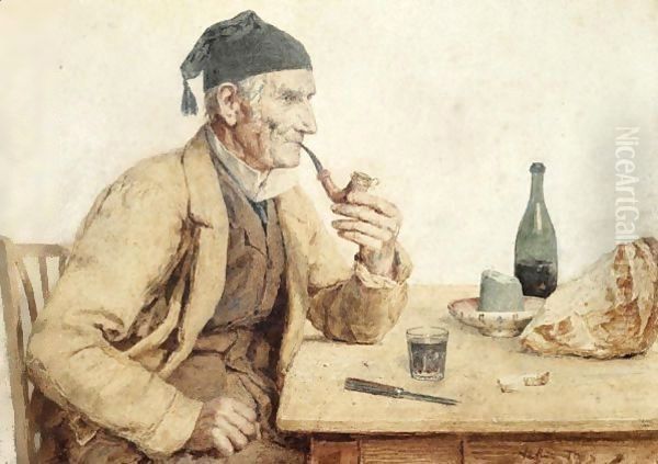 Peasant With A Pipe Sitting At A Table, 1904 Oil Painting by Albert Anker