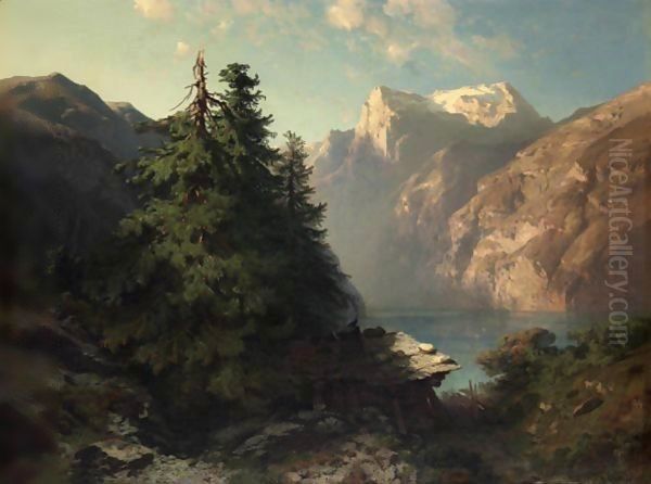 Lake Of The Four Cantons Close To Brunnen, 1857 Oil Painting by Alexandre Calame