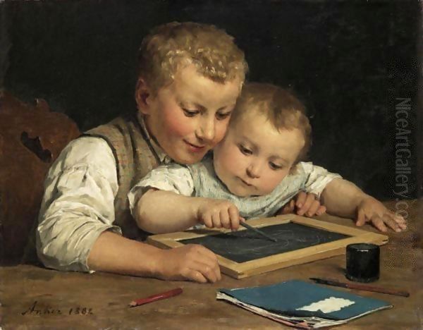 Two Children With A Slate Board, 1882 Oil Painting by Albert Anker