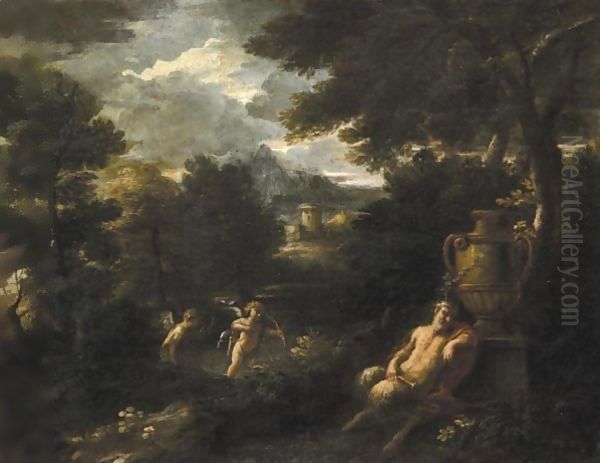 Fauno E Amorini In Un Paesaggio Oil Painting by Filippo Lauri