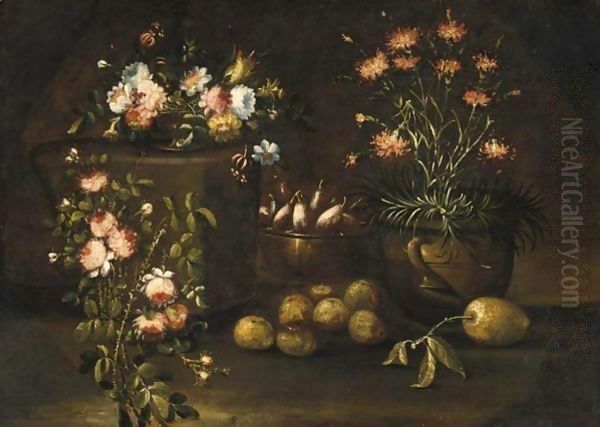 Natura Morta Con Fiori, Pere E Mele Oil Painting by Lombard School