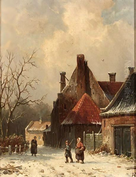 Villagers In The Snow Oil Painting by Adrianus Eversen