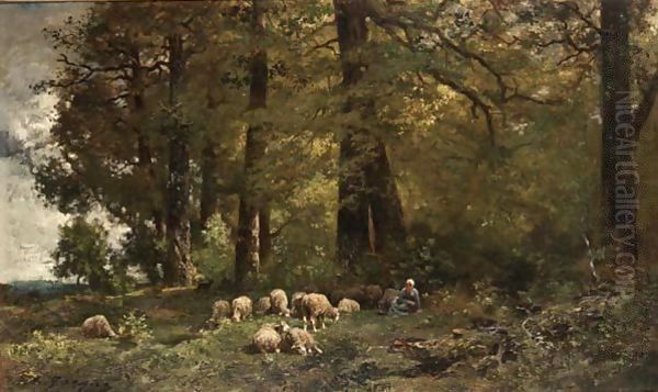 A Shepherdess With Her Flock In A Wooded Landscape Oil Painting by Charles Emile Jacque