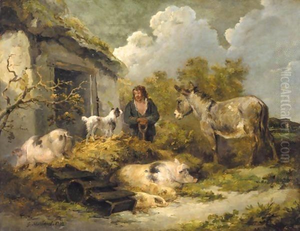 A Farm Boy With A Donkey, Pigs And A Sheep Dog Oil Painting by George Morland