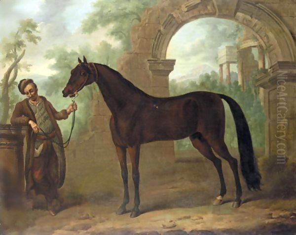 The Great Stallion, The Godolphin Arabian, In An Architectural Landscape Held By A Groom Oil Painting by John Wootton