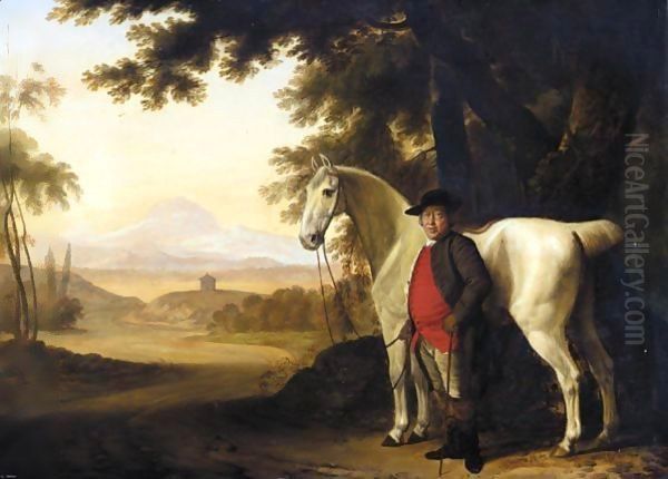 A Grey Horse Held By Its Owner In A Landscape Oil Painting by George Garrard