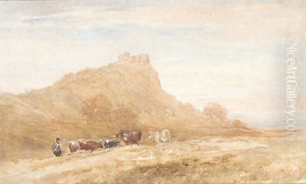 Harlech Castle With A Herdsmen And Cattle In The Foreground Oil Painting by David Cox