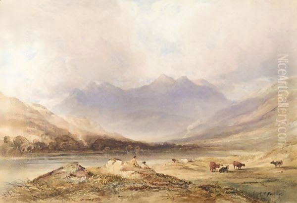 Snowdon With Figures And Cattle In The Foreground Oil Painting by Anthony Vandyke Copley Fielding