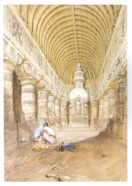 The Interior Of A Chaityagriha At Ajanta, India Oil Painting by William Simpson