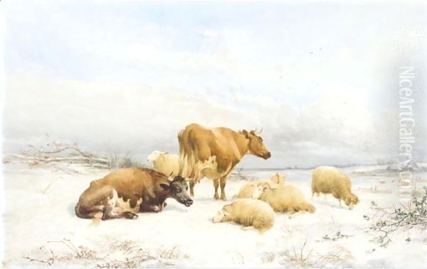 Sheep And Cattle In A Snowy Landscape Oil Painting by Thomas Sidney Cooper