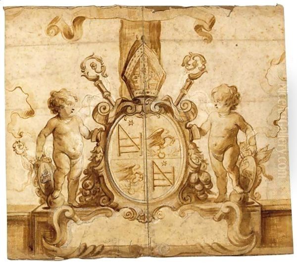 A Design With Putti Holding A Cartouche With A Coat-Of-Arms Oil Painting by Erasmus II Quellin (Quellinus)