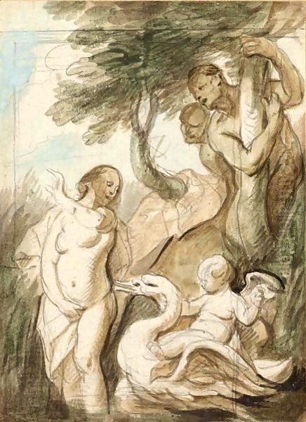 A Bathing Nymph Surprised By Satyrs, A Putto Riding A Swan Beside Her Oil Painting by Jacob Jordaens