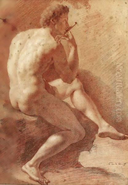 Study Of A Male Nude Playing The Flute Oil Painting by Adriaen Van Der Werff