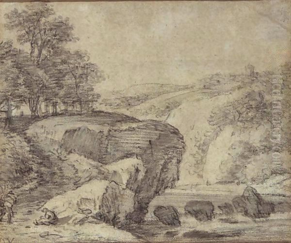 Rugged River Landscape With Travellers By Rapids Oil Painting by Simon De Vlieger