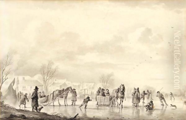 Winter Landscape With Skaters And Horse-Drawn Sledges On The Ice, A Village Beyond Oil Painting by Andries Vermeulen