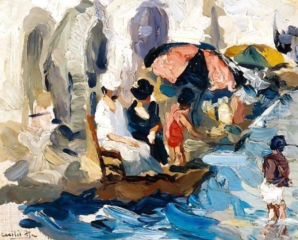 Ladies On The Beach Oil Painting by Cecilio Pla