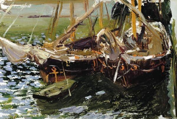 Boats In Port Oil Painting by Joaquin Sorolla Y Bastida