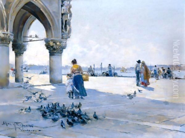 Feeding The Pigeons, Venice Oil Painting by Arcadio Mas Y Fondevila