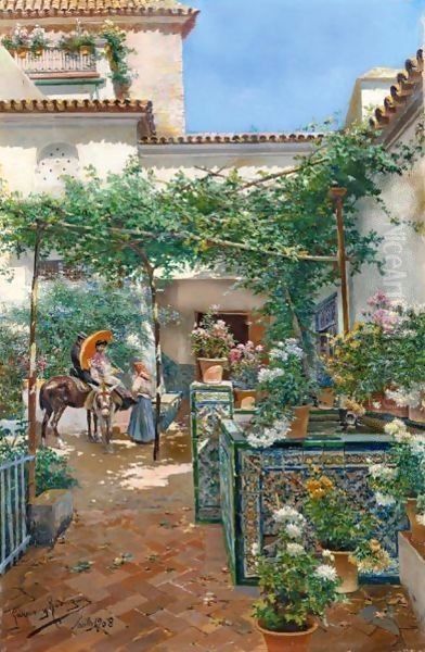 Patio Sevillano (A Courtyard In Seville) Oil Painting by Manuel Garcia y Rodriguez