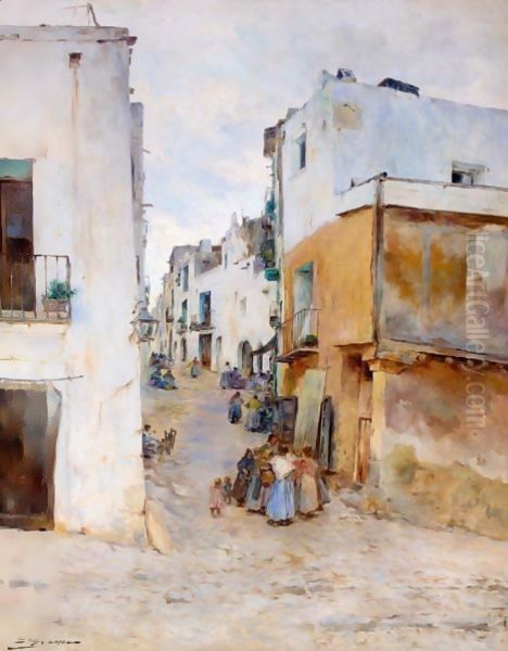 Pueblo Espanol (A Village Street) Oil Painting by Luis Graner Arrufi