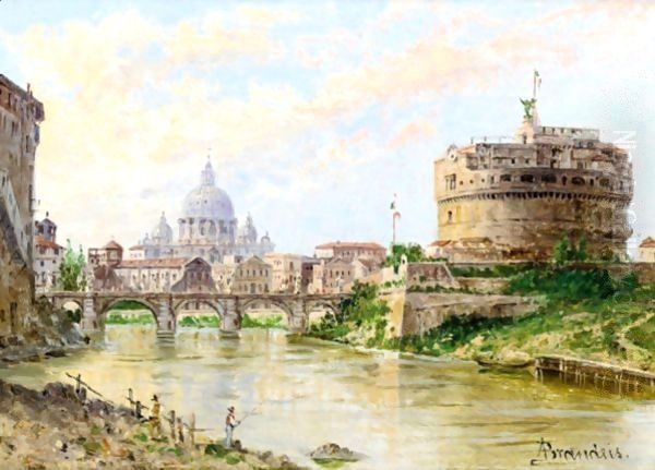 A View Of The Tiber With Castel Sant' Angelo And St Peter'S Oil Painting by Antonietta Brandeis