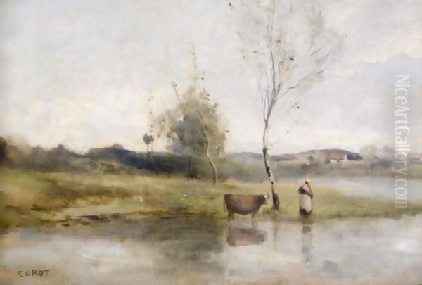 L'Etang Au Bouleau Et A La Vachere Oil Painting by Jean-Baptiste-Camille Corot