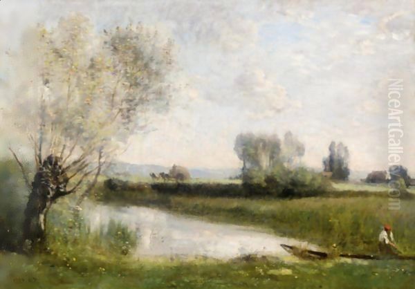 La Peche Et La Fenaison (Environs De Ville-D'Avray) Oil Painting by Jean-Baptiste-Camille Corot