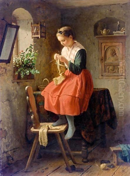 Girl Knitting By A Window Oil Painting by Meyer Georg von Bremen