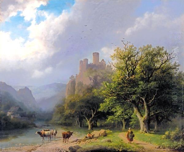 Landscape With A Castle, Figures And Cows Oil Painting by Barend Cornelis Koekkoek