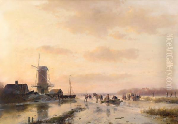 Figures On A Frozen River Oil Painting by Andreas Schelfhout