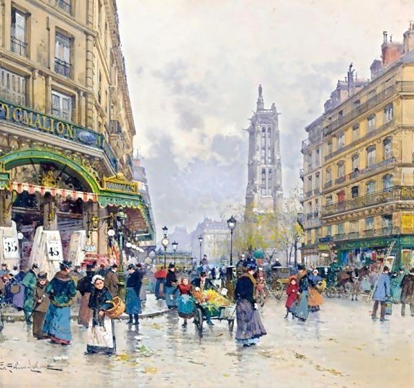 Vue De La Rue De Rivoli Avec La Tour St Jacques, Paris Oil Painting by Eugene Galien-Laloue