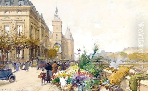 Le Marche Aux Fleurs Pres De La Conciergerie Oil Painting by Eugene Galien-Laloue