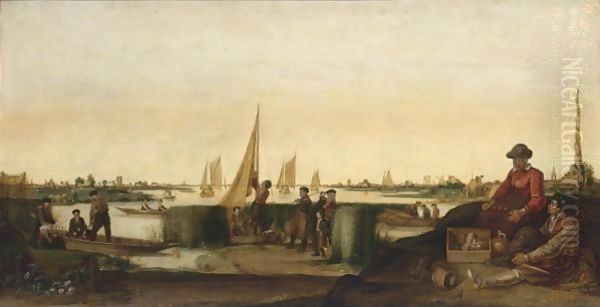 An Extensive River Landscape With Fishermen And Their Boats, A Couple With Their Ware In The Right Foreground Oil Painting by Arentsz van der Cabel