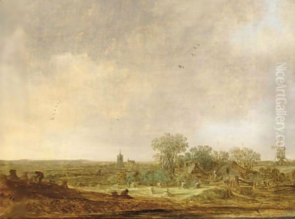 An Extensive Dune Landscape With Corn Stooks And A Mill And A Distant Oil Painting by Jan van Goyen