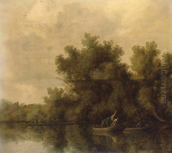 A River Landscape With Fishermen In Rowing Boats Lifting Traps Near A Bank, A Ferry With Cattle And A Farm Beyond Oil Painting by Salomon van Ruysdael