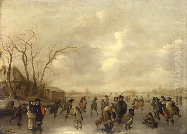 A Winter Landscape With Skaters, Figures Playing Kolf And A Boy On A Sleigh On A Frozen River, A Farmhouse To The Left Oil Painting by Adriaen Lievensz van der Poel