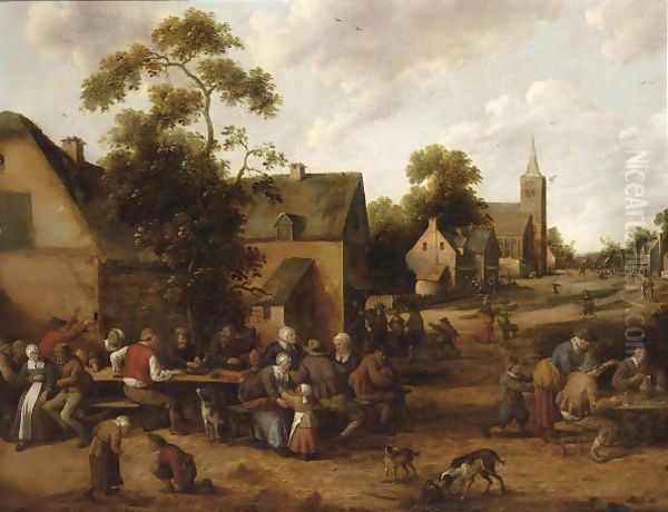 A Village Scene With Peasants Drinking And Smoking Around Tables Oil Painting by Joost Cornelisz. Droochsloot