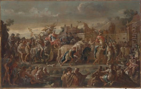 A Triumphal Procession Of A Roman Emperor Oil Painting by Domenico Mondo