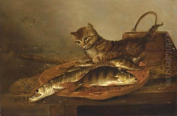 A Still Life With A Perch And A Pike On An Earthenware Dish Oil Painting by Pieter de Putter