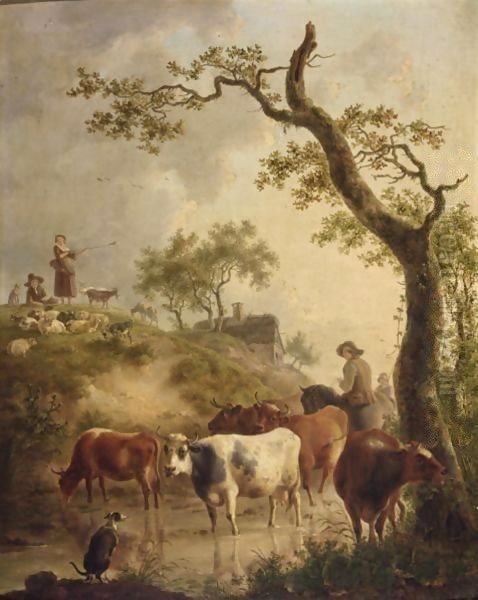 A Shepherd On A Horse And His Cattle Fording A Stream, With Shepherds And Their Flock On A Hill Nearby Oil Painting by Jean-Baptiste De Roy