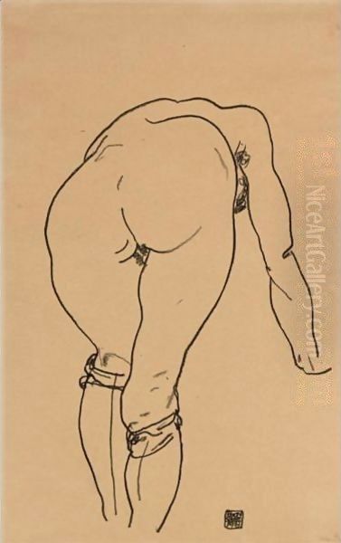 Gebueckter Akt, Rueckenansicht (Nude Bent Over, Back View) Oil Painting by Egon Schiele