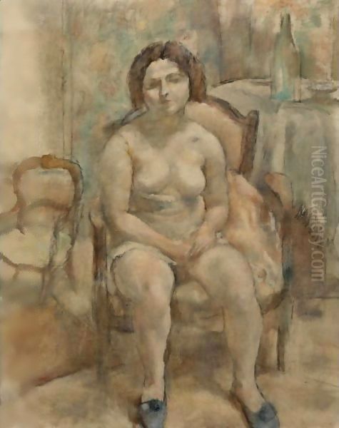 Nu Assis Aux Pantoufles Bleues Oil Painting by Jules Pascin