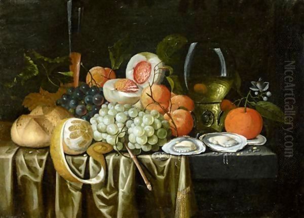 Still Life With A Roemer, Oysters, Oranges, Grapes, Apricots Oil Painting by Jan Pauwel II the Younger Gillemans